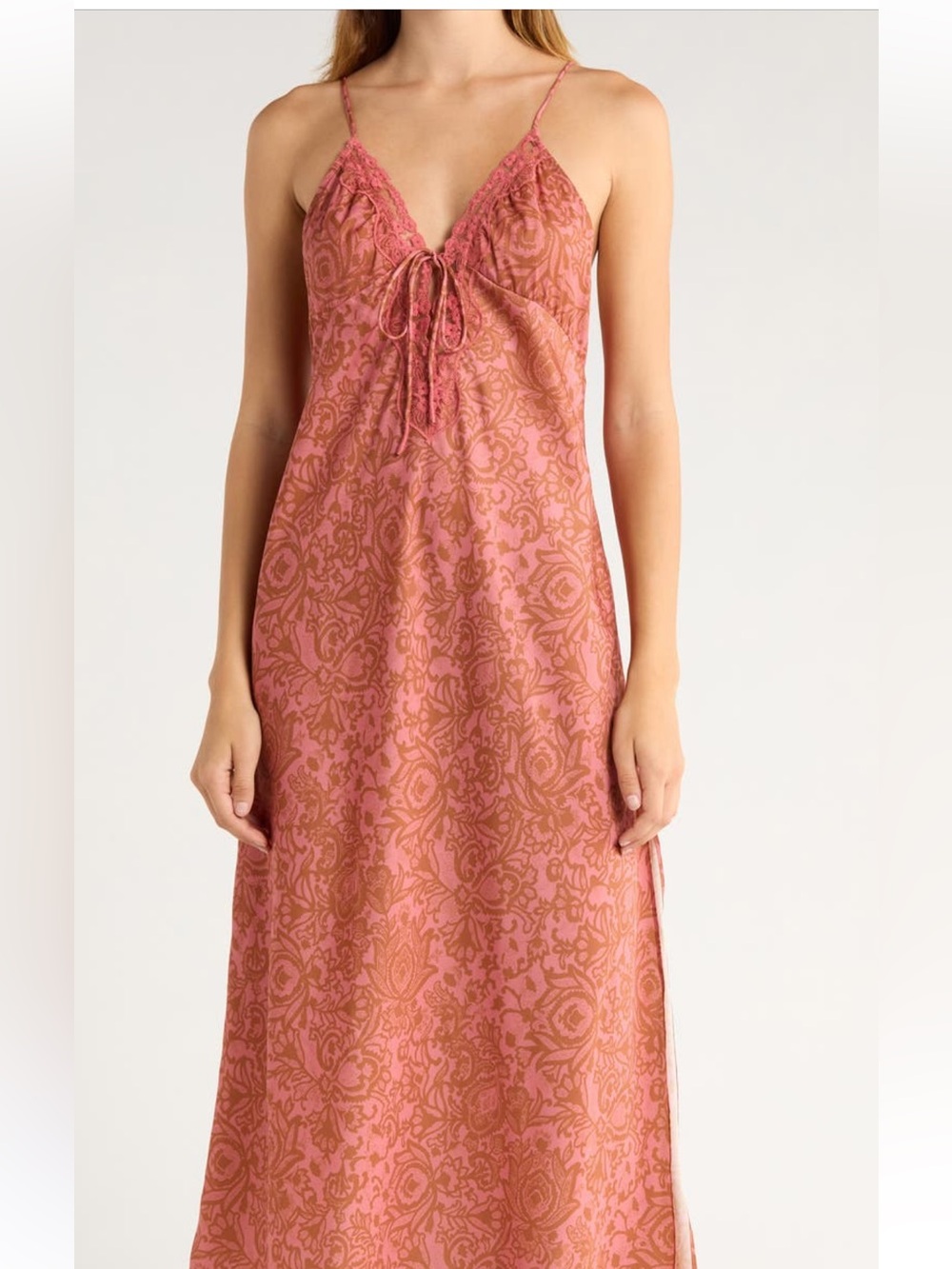 Free People Rose-Mauve Lace-Trim Slip Maxi Chemise Sz Med NWT